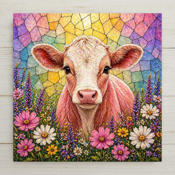 Baby Calf Wall Art Ceramic Tile Stained Glass Style Farmhouse Decor Nursery Gift Baby Cow Art Country Home Gift Tile