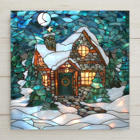 Stained Glass Christmas Cabin Tile Home Decor: Snowy Winter Cottage Wreath Decor - Festive Holiday Wall Art Gift