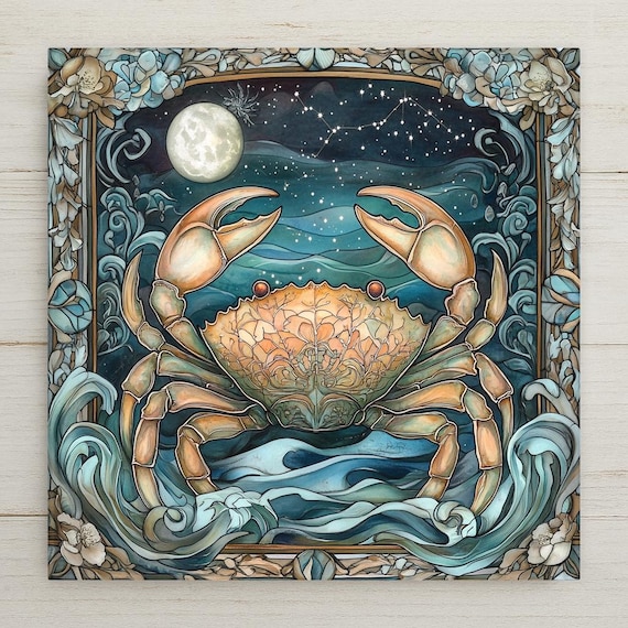 Floral Cancer Zodiac Ceramic Tile Art: Stained Glass Crab Decor