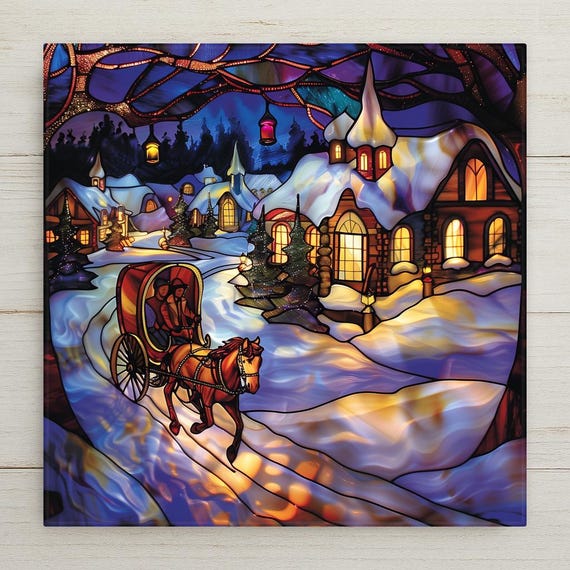 Festive Winter Village Ceramic Tile Home Decor: Stained Glass Art with Horse Sleigh Ride, Snowy Cottage Scene for Christmas Wall Art