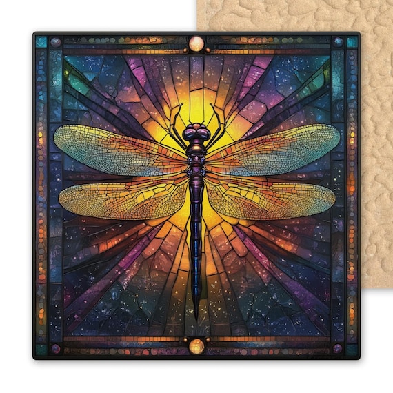 Art Nouveau Dragonfly Ceramic Tile - Stained Glass Galaxy Wall Decor - Nature-Inspired Insect Gift