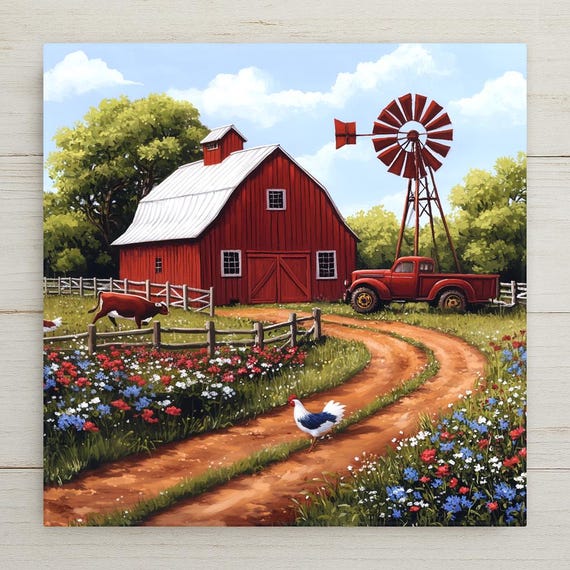 Rustic Red Barn Ceramic Tile Art: Farmhouse Kitchen Decor