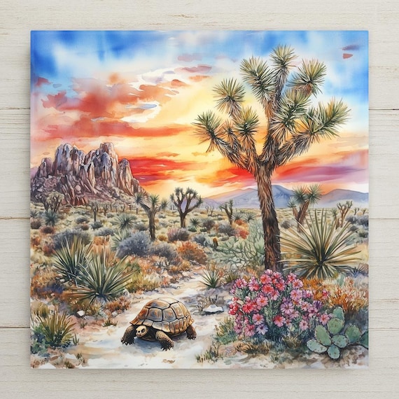 Joshua Tree Wall Art Ceramic Tile Desert Gift Tortoise Cactus Art California Decor Southwest Nature Tile