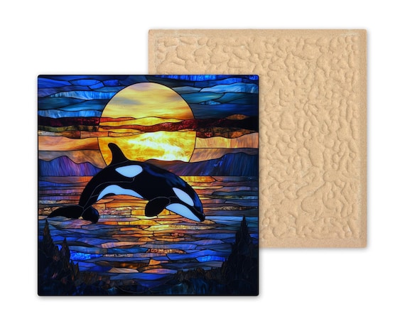 Orca Stained Glass Tile Art - Ocean Sunset Ceramic Trivet for Coastal Home Decor, Wildlife Gift