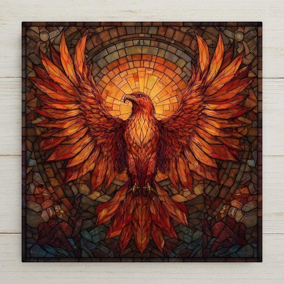 Phoenix Ceramic Tile Wall Art – Stained Glass Style Home Decor, Rising Phoenix Symbol Artwork, Mythical Gift Tile, Inspirational Wall Art