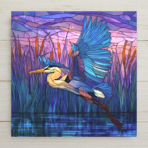 Great Blue Heron Ceramic Tile Wall Art - Stained Glass Nature Design, Wetland Bird Decor, Coastal Home Lake House Gift