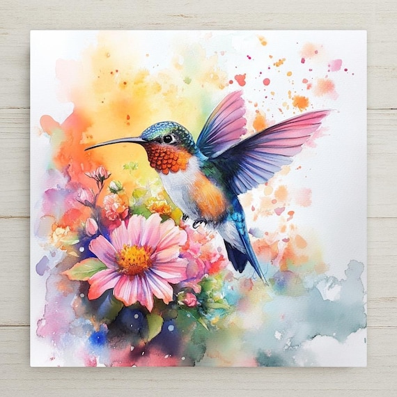 Vibrant Watercolor Hummingbird Ceramic Tile: Floral Wall Art for Nature Lovers