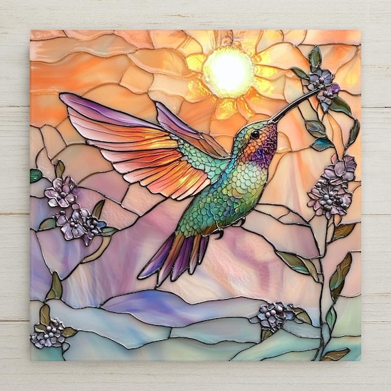 Stained Glass Inspired Hummingbird Ceramic Tile Art: Colorful Sunrise Home Decor