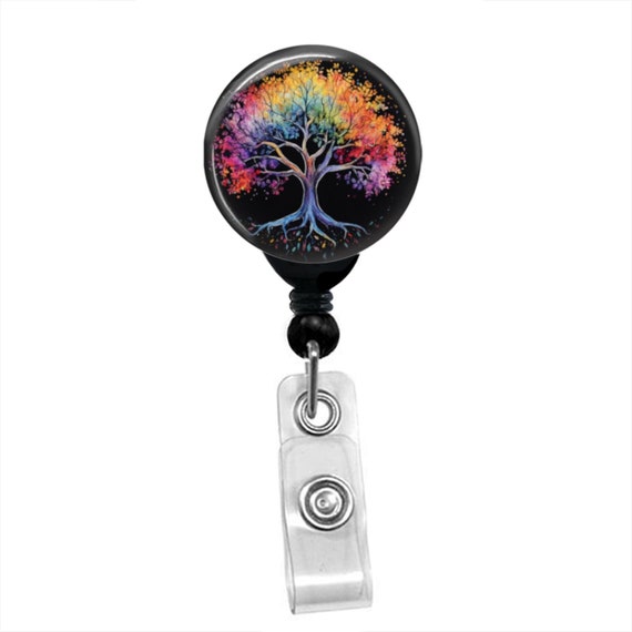 Watercolor Tree of Life Badge Reel – Rainbow Tree Badge Holder – Custom ID Clip – Retractable Badge Reel – Spiritual Nurse Gift