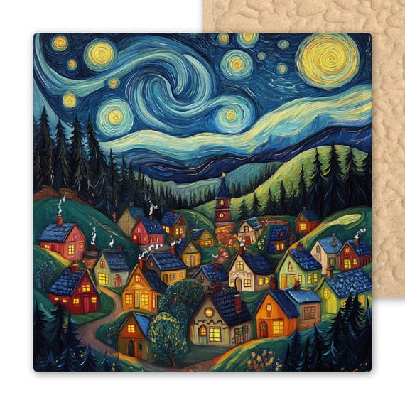 Starry Night Village Tile – Whimsical Ceramic Tile Art Inspired by Van Gogh – Fantasy Town Wall Decor