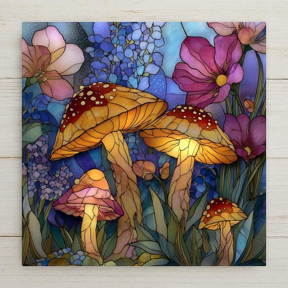 Stained Glass Style Mushroom Ceramic Tile Wall Art – Whimsical Woodland Fungi Design, Fairy Garden Wall Decor, Nature Home Decor