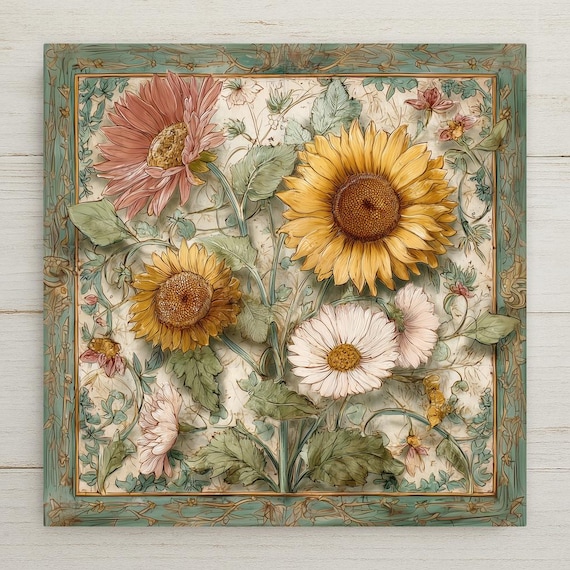 Sunflower Ceramic Tile Wall Art: Rustic Farmhouse Garden Decor