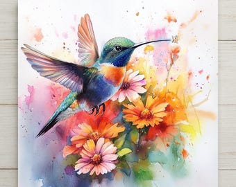 Arte en azulejos de cerámica con colibríes: decoración de pared floral en acuarela.