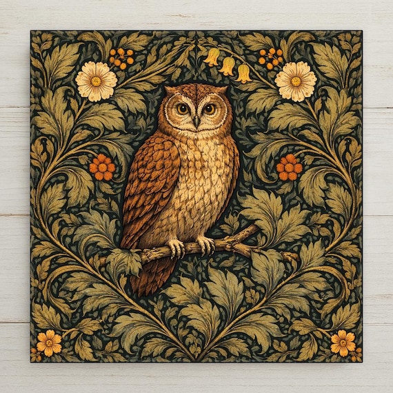 Owl Wall Art Ceramic Tile – William Morris Style Woodland Decor – Arts and Crafts Home Decor – Cottagecore Wall Art Gift
