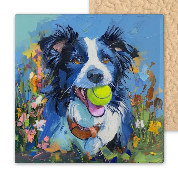 Border Collie Ceramic Tile Art – Colorful Dog Wall Art with Tennis Ball in Meadow – Energetic Pet Portrait Gift for Herding Dog Lovers