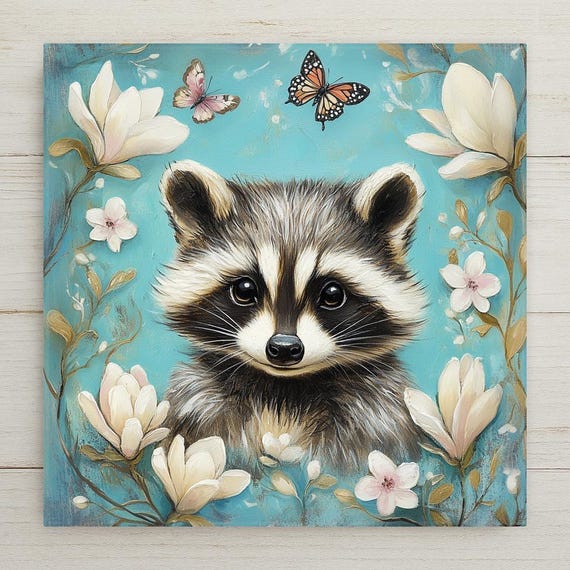 Whimsical Raccoon Ceramic Tile Art: Magnolia Blossoms Teal Wall Decor, Woodland Animal Gift