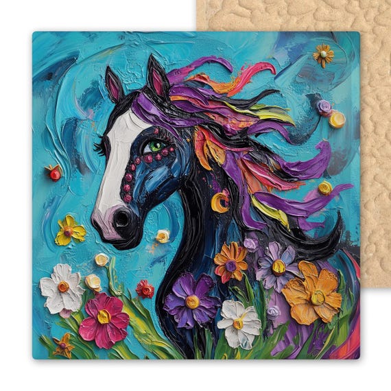 Vibrant Equestrian Ceramic Tile: Whimsical Horse with Floral Mane - Boho Wall Art for Horse Lovers