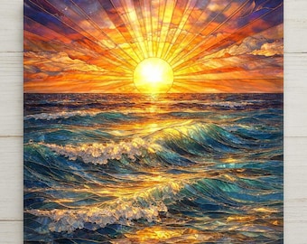 Ocean Sunrise Ceramic Tile Wall Art – Stained Glass Style Sea Waves, Coastal Wall Decor, Beach Home Decor, Golden Sun Seascape Art