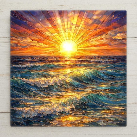 Ocean Sunrise Ceramic Tile Wall Art – Stained Glass Style Sea Waves, Coastal Wall Decor, Beach Home Decor, Golden Sun Seascape Art