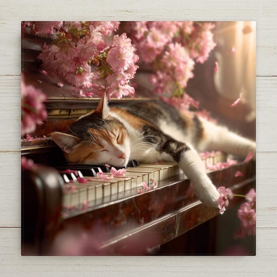 Sleeping Cat Piano Wall Art Ceramic Tile Stained Glass Style Cherry Blossom Musical Feline Decor Pet Lover Gift Cottagecore Home
