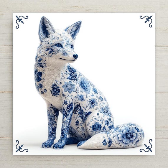 Delft Blue Fox Ceramic Tile: Dutch Floral Animal Wall Art