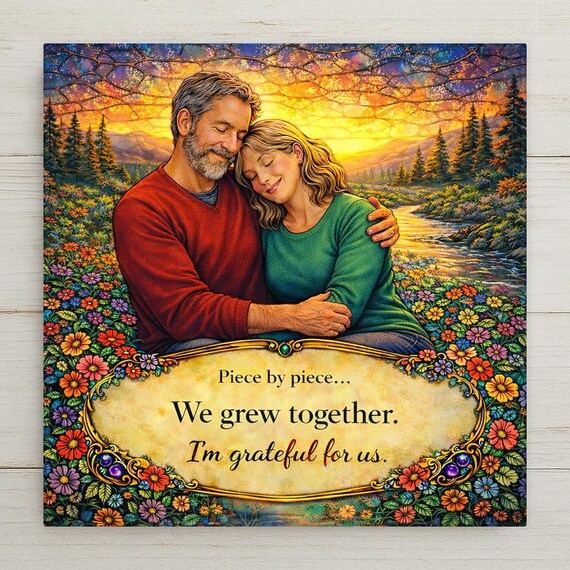 Anniversary Wall Art Ceramic Tile – Romantic Sunset Couple Decor, “We Grew Together” Marriage Home Decor