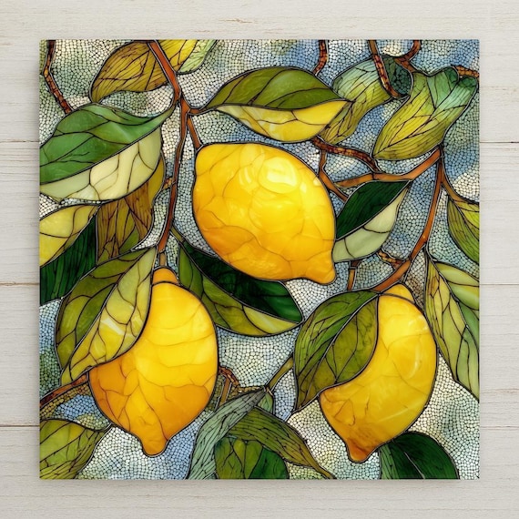 Lemon Branch Ceramic Tile Wall Art – Stained Glass Style Kitchen Decor, Mediterranean Fruit Artwork, Bright Yellow Home Decor Gift