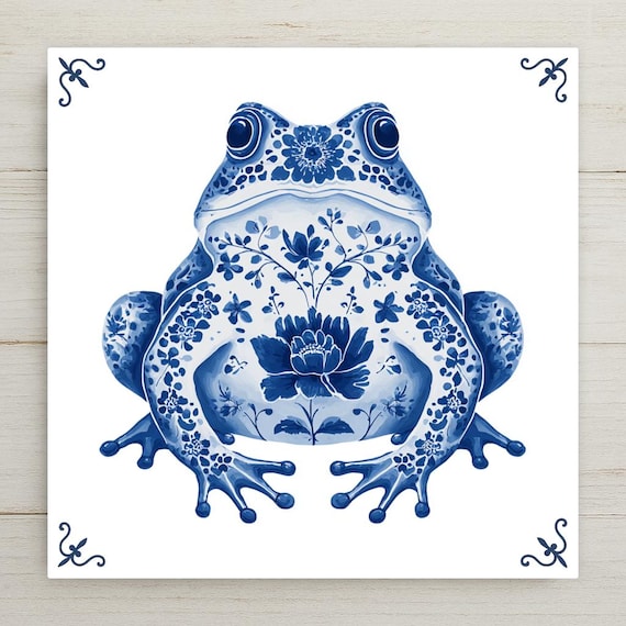 Delft Frog Ceramic Tile: Dutch Floral Cottagecore Wall Art