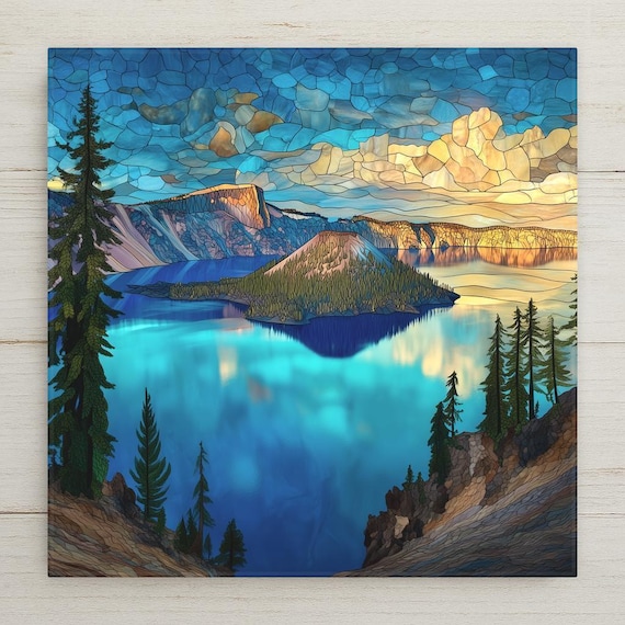 Crater Lake Ceramic Tile Art: Oregon Landscape Wall Decor, Stained Glass Style Mountain Scene