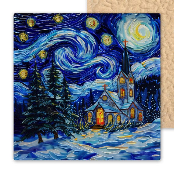 Stained Glass Starry Night Church Tile: Christmas Wall Art Decor for Holiday & Spiritual Gifts