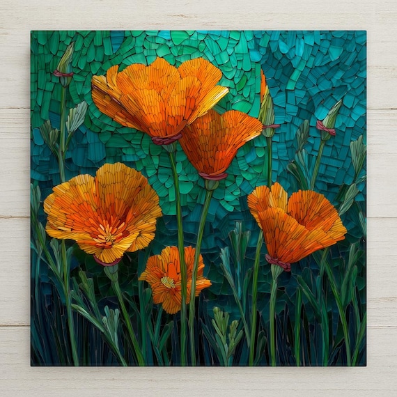 Vibrant California Poppy Ceramic Tile Art - Stained Glass Style Floral Wall Decor for Nature Enthusiasts