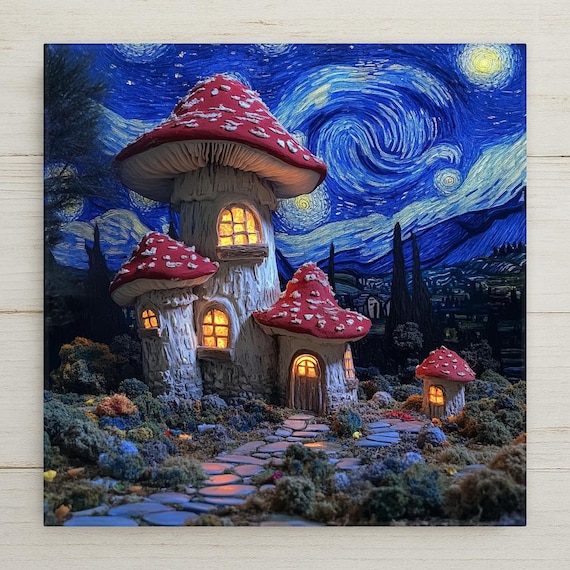 Enchanted Mushroom Village Ceramic Tile: Starry Night Cottagecore Fairy Art Wall Decor