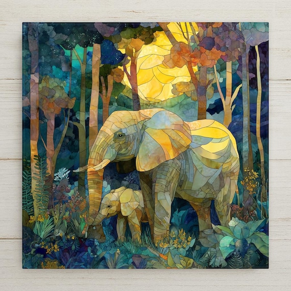 Elephant Mother Baby Art Wall Decor, Stained Glass Wildlife Illustration, Nursery Animal Family Gift Decorative Tile