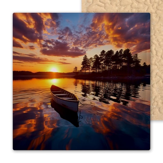 Tranquil Watercolor Lake Sunset Ceramic Tile - Canoe Scene Wall Art for Cabin, Lakehouse, Rustic Lodge Decor