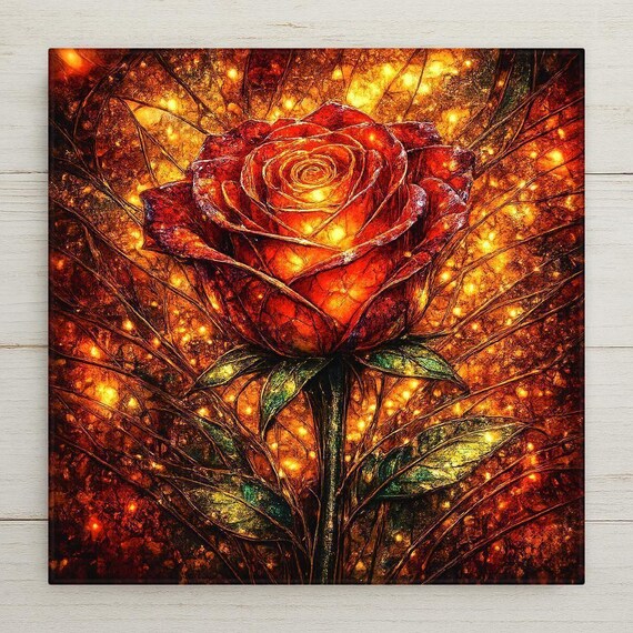 Glowing Rose Ceramic Tile Wall Art – Stained Glass Style Floral Home Decor, Romantic Botanical Art, Gift for Love & Anniversary