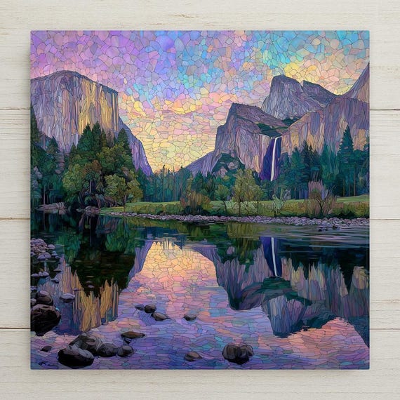 Yosemite Valley Ceramic Tile Art: El Capitan & Bridalveil Falls Stained Glass Landscape Decor