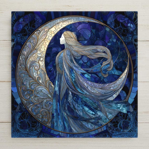 Moon Goddess Ceramic Tile Wall Art – Stained Glass Style Moonlit Fantasy Design, Wall Decor, Home Decor, Mystical Gift Artwork Tile
