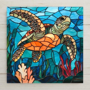 Sea Turtle Stained Glass Style Ceramic Art Tile: Coastal Wall Decor Beach House Accent Ocean Home Decor Wall Art Ocean Turtle Beach House