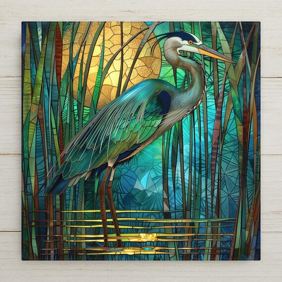 Elegant Great Blue Heron Mosaic Wall Art: Stained Glass Ceramic Tile for Coastal Bird Lovers and Nature Enthusiasts