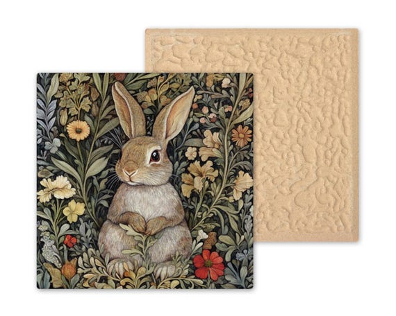 Art Nouveau Woodland Bunny Ceramic Tile - William Morris Inspired Wall Decor for Rabbit Lovers