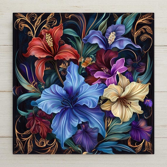 Art Nouveau Floral Ceramic Tile: Jewel-Toned Botanical Wall Decor