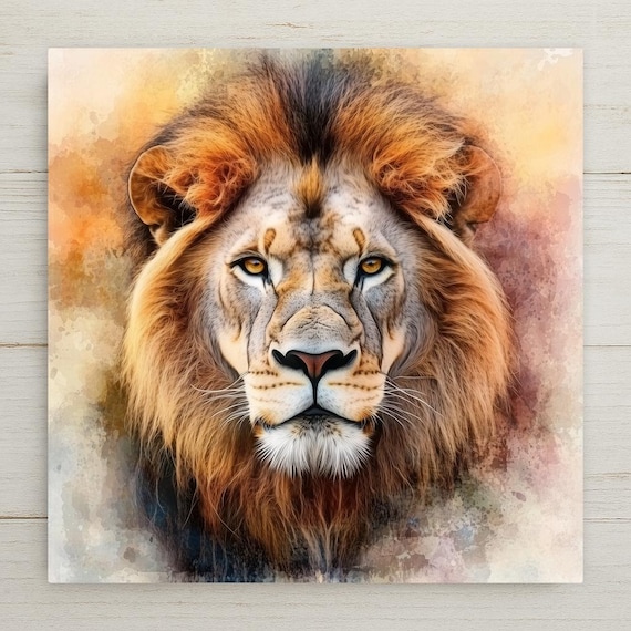Watercolor Lion Ceramic Tile Art: Zodiac Leo Safari Decor