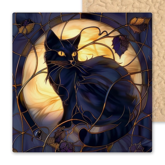 Mystical Black Cat Stained Glass Tile - Gothic Halloween Wall Decor for Witchy Cottage Style