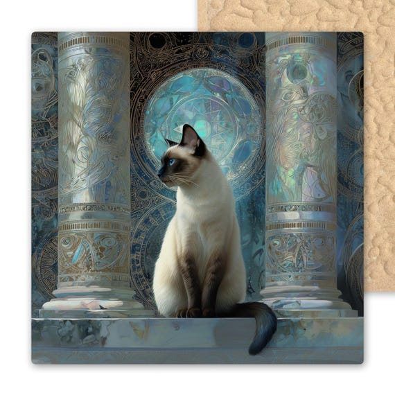 Mystical Siamese Cat Wall Art Ceramic Tile Stained Glass Style Celestial Columns Astrology Inspired Feline Decor Pet Lover Gift Moon Magic