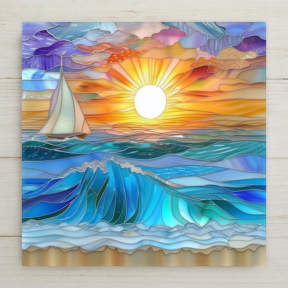 Sunset Ocean Sailboat Ceramic Tile Art: Coastal Stained Glass Style Print Beach Decor Nautical Wall Artwork
