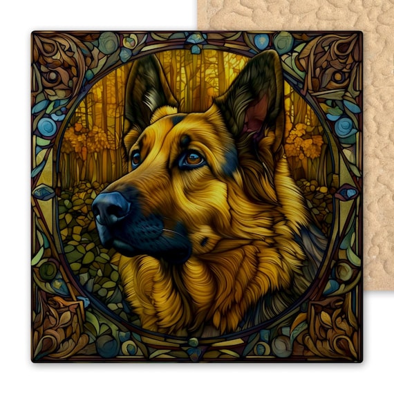 Alphonse Mucha Inspired German Shepherd Ceramic Art Tile - Boho Wall Decor, Trivet, Coaster for Dog Lovers