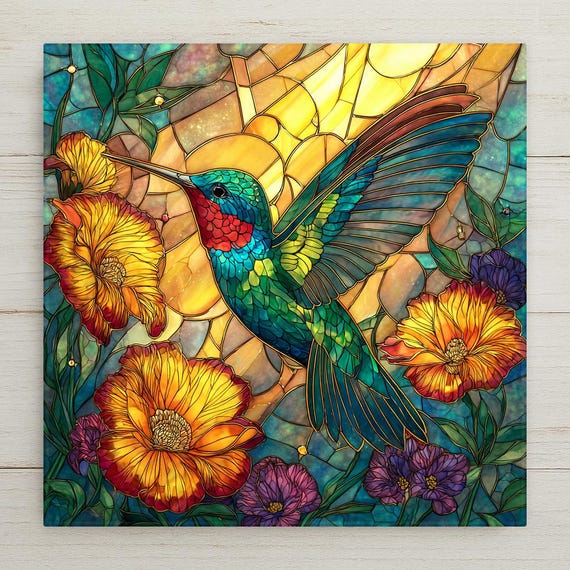 Stained Glass Hummingbird Ceramic Tile: Vibrant Wall Art for Garden Lovers