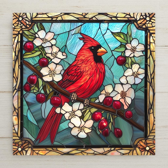 Stained Glass Cardinal Ceramic Tile: Memorial Bird Art