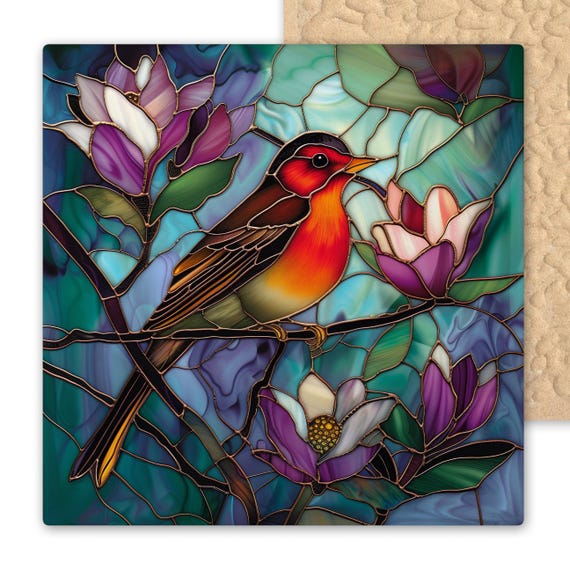 Magnolia Red Robin Ceramic Tile Art: Stained Glass Style Bird Wall Decor in Purple and Teal