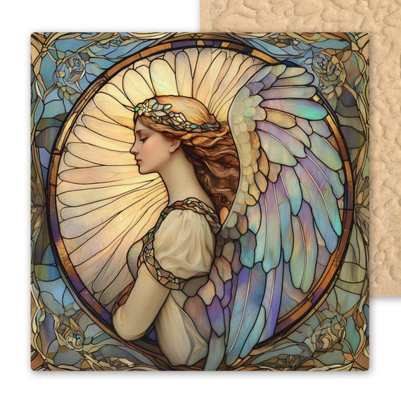 Stained Glass Style Guardian Angel Ceramic Tile Art - Pastel Wings Religious Home Decor - Christian Gift